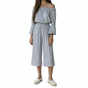 WALTER BAKER Milan Blue Stripe Jumpsuit XL Off Shoulder Wide Crop Leg 3/4 Sleeve